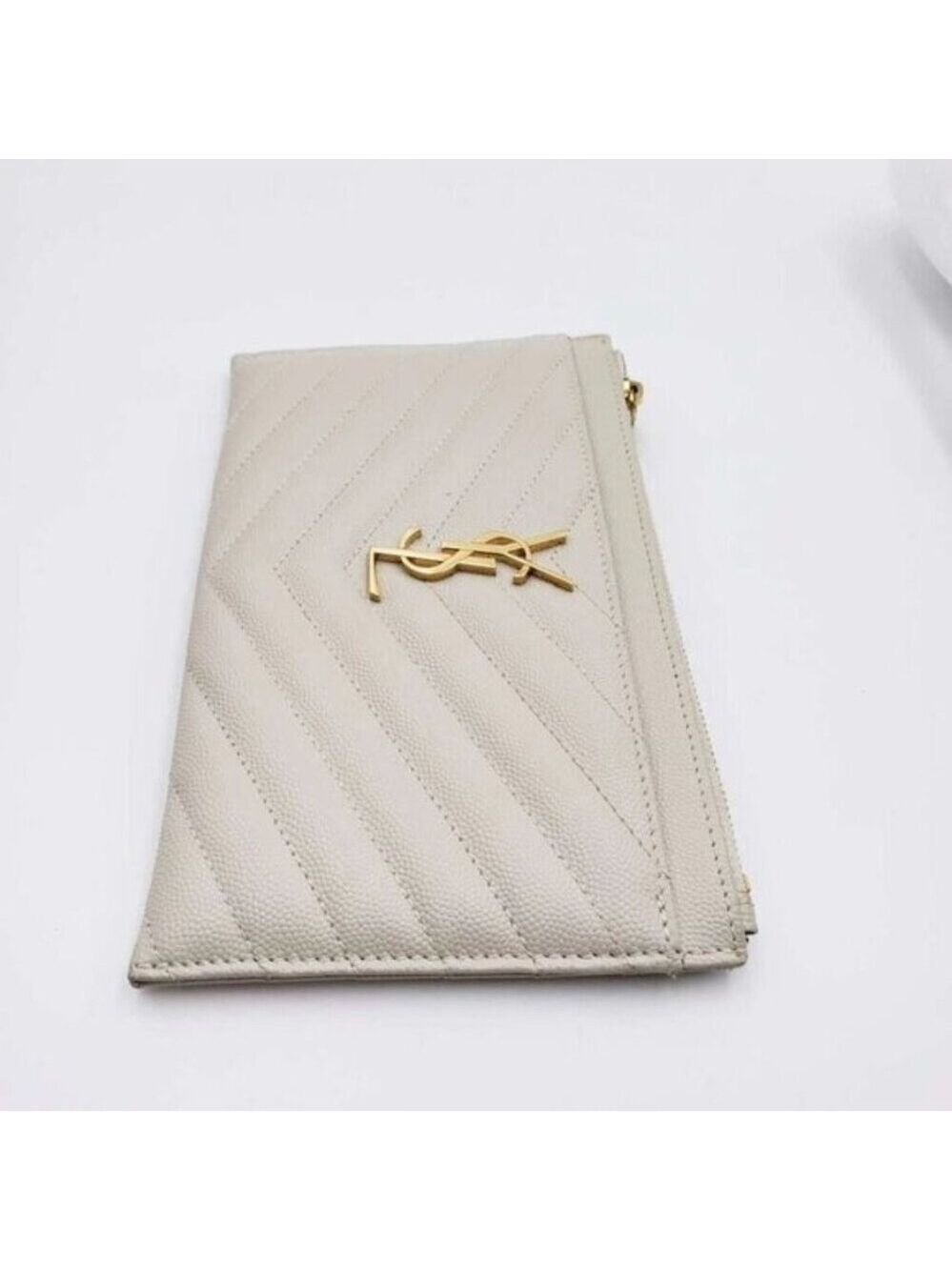 Authentic Saint Laurent YSL Beige Quilted Leather Zip Pouch Clutch Wallet - Picture 5 of 11